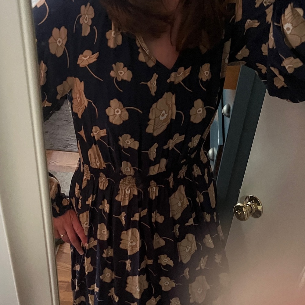 Talbots Navy and Beige Floral Long Sleeve Dress